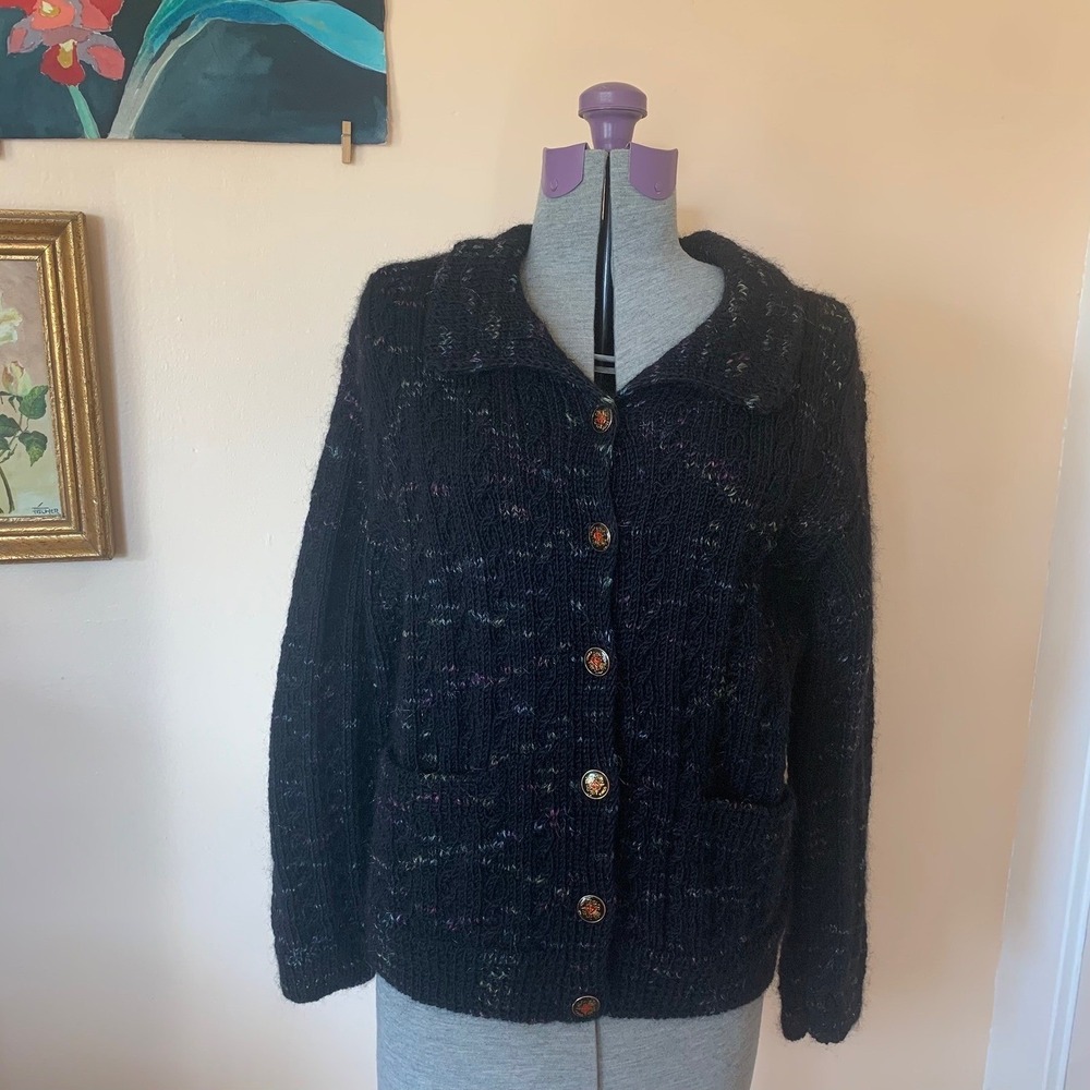 Vintage Hand Knit Black Multi Color Cardigan Sweater Kings Crest Buttons